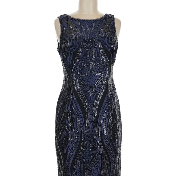 Calvin Klein Embroidered Sequin Sheath Dress - Blue 6